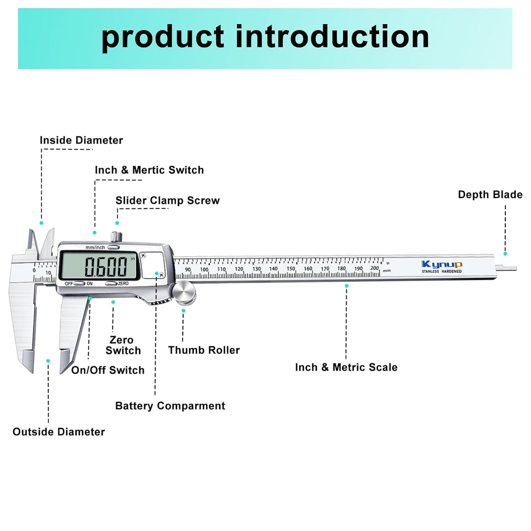 Kynup Digital Messschieber, 200 mm Schieblehre Digital Edelstahl, Elektronik Digitaler Messschieber