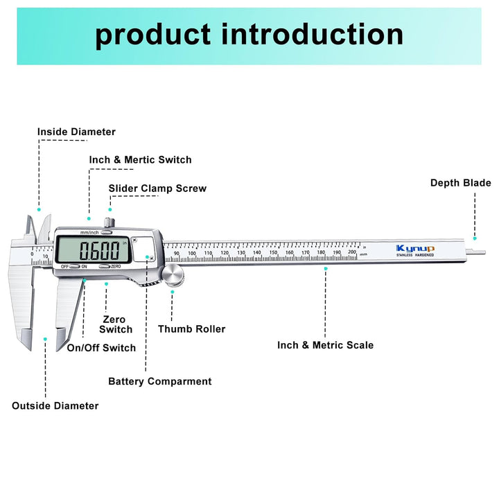 Kynup Digital Messschieber, 200 mm Schieblehre Digital Edelstahl, Elektronik Digitaler Messschieber