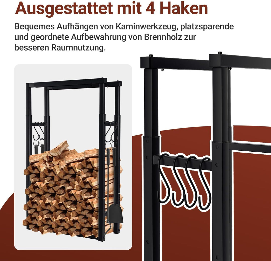 Verstellbare Kaminholzregal, 9 Grössen Einstellbar, Brennholz Holzhalter mit 4 Haken, Kaminholzständ