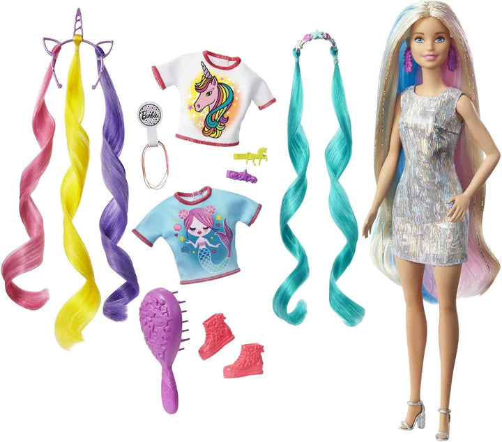 Barbie-Puppe, Einhorn-Barbie-Puppe mit Meerjungfrauenhaar und Einhorn-Haarkrönchen, Barbie-Accessoir
