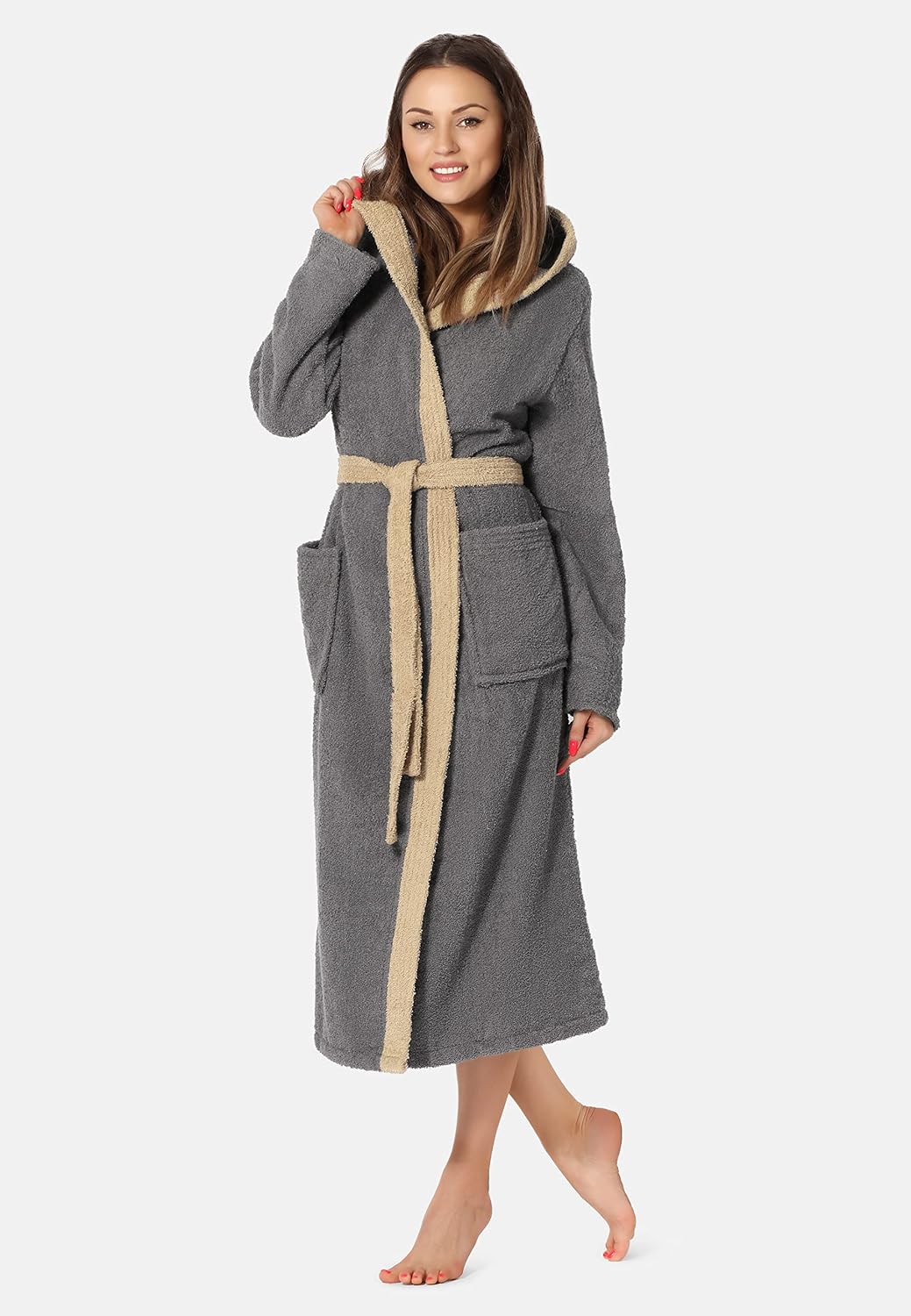 Ladeheid Damen Frottee Bademantel mit Kapuze aus 100% Baumwolle LA40-102 S Dunkelgrau-12/Beige-8, S