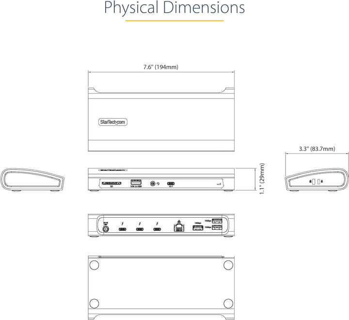 StarTech.com Thunderbolt 4 Dock, 96W PD, Einzelner 8K/Doppelmonitor 4K 60Hz, 3xTB4/USB4 Ports/4xUSB-