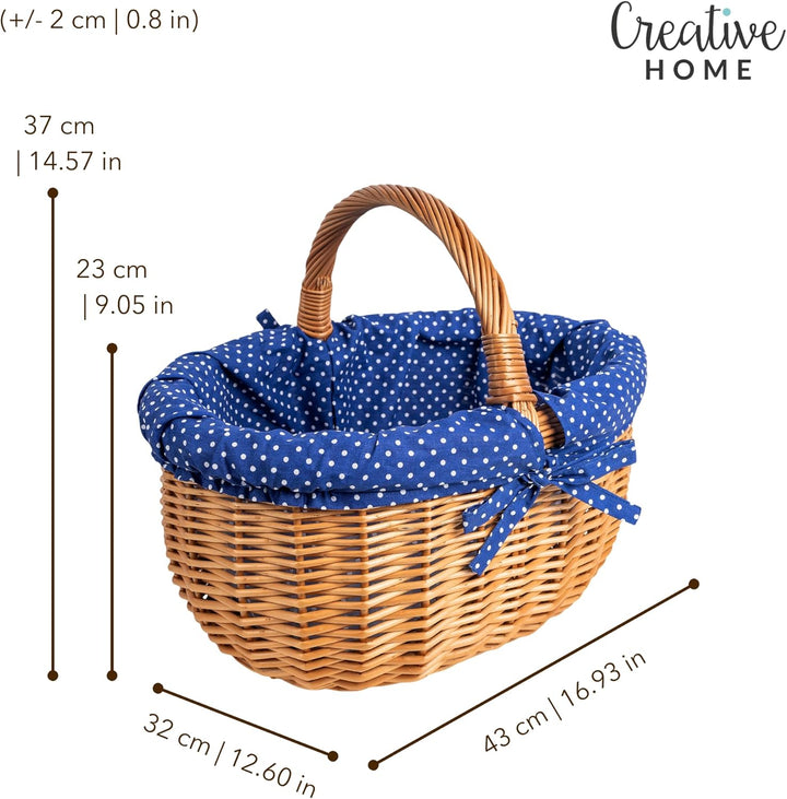 Creative Home Grosser Picknickkorb mit Stoffeinlage blau mit Pünktchen | Weidenkorb mit Henkel | Ein