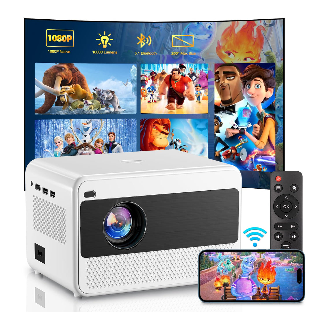 Smart Beamer WiFi Heimkino Projektor,16000 Lumen Full HD 1080P Beamer,Elektrischer Fokus 200 Zoll Zo