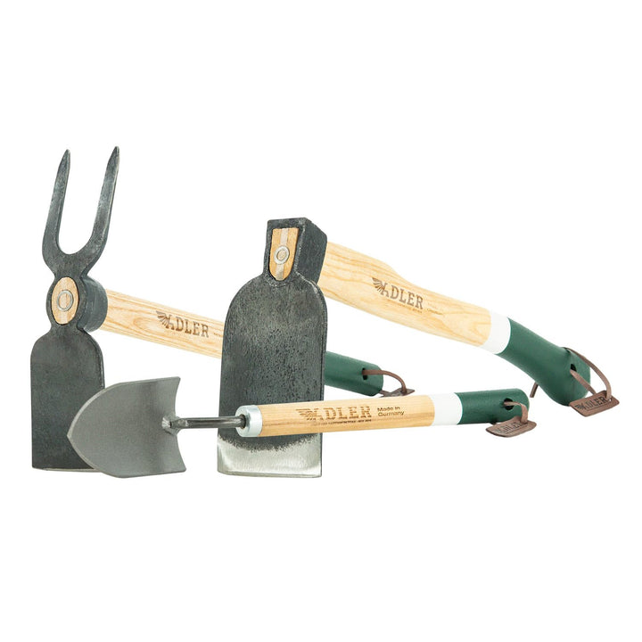ADLER Garten-Set 3-TLG. – Geschmiedete Hacke, Kleinhacke Ivy & Pflanzkelle Holly – 45 cm Eschenholz-