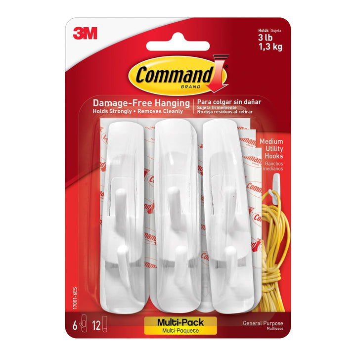 Command Utility Haken Mega-Packung, Grösse M, weiss, 6 Haken, 2er Pack 12 Hooks, 12 Hooks