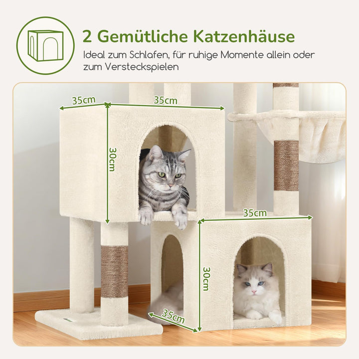 Globlazer Kratzbaum Beige mit 2 Katzenhaus, Grosse Gepolsterte Plattform, Sitzstangen, Katzenkorb, S