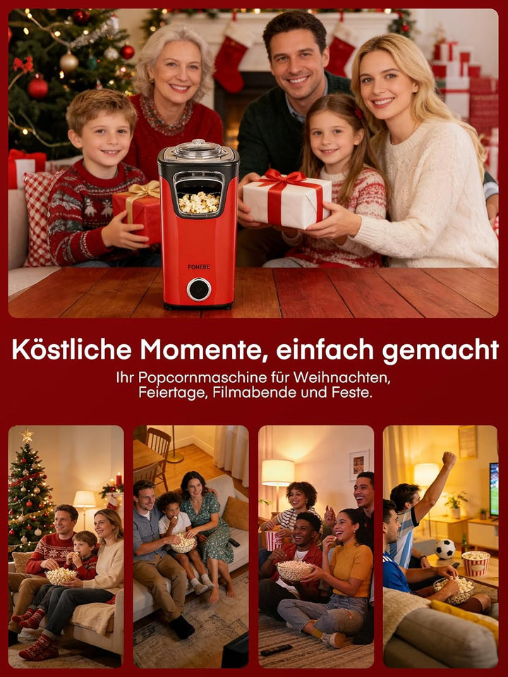 FOHERE Heissluft Popcornmaschine, 1100W Popcorn Maker Maschine, Mit Messbecher, Transparente Abdecku