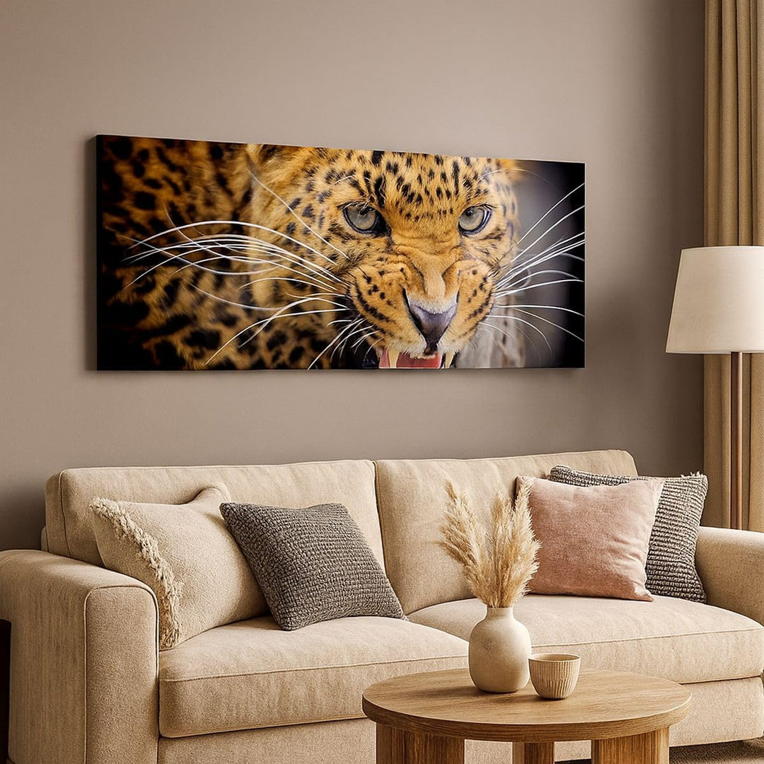 Wandbilder Dekoration Wohnzimmer Leopard tier savanne afrika Panorama Bilder auf Leinwand 120x50cm L
