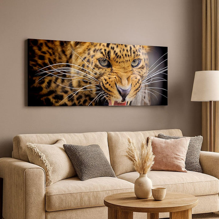 Wandbilder Dekoration Wohnzimmer Leopard tier savanne afrika Panorama Bilder auf Leinwand 120x50cm L