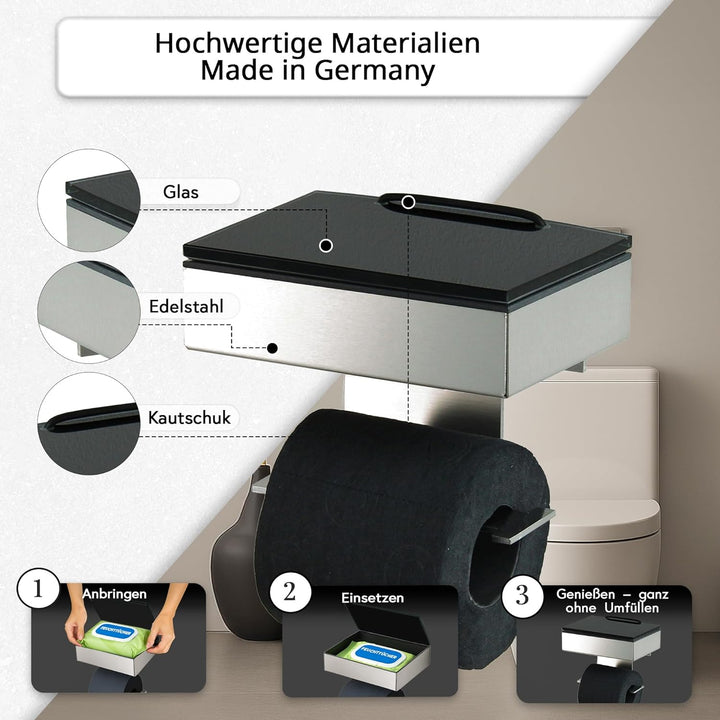 Toilettenpapierhalter mit Feuchttücherbox - Gehäuse Matt & Abdeckung Glas Schwarz - befüllbar von Re