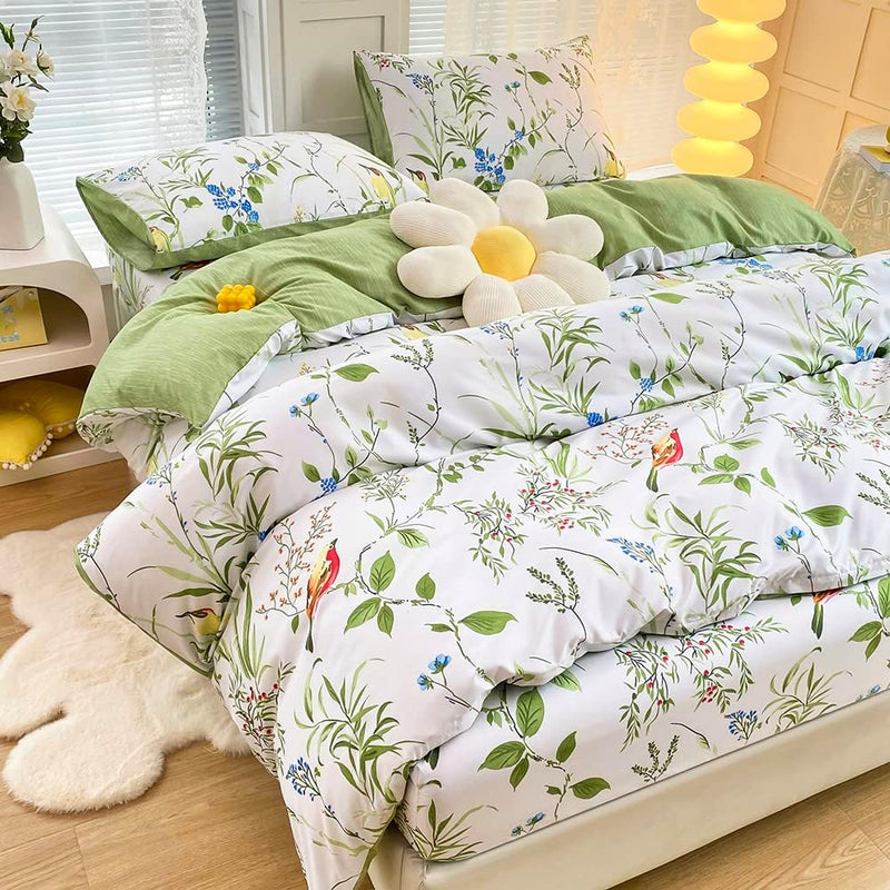 Luofanfei Bettwäsche Set 200x220 Weiss Grün Blätter Pflanzen Blumen Pflanzen Bettwäsche Doppelbett V