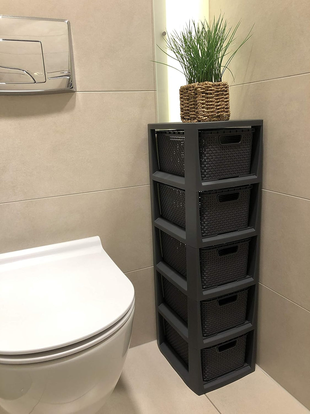 BranQ - Home essential Regal in Rattan Design, BPA-freie Kunststoff PP, Anthrazit, 29,5 x 24 x 80 cm