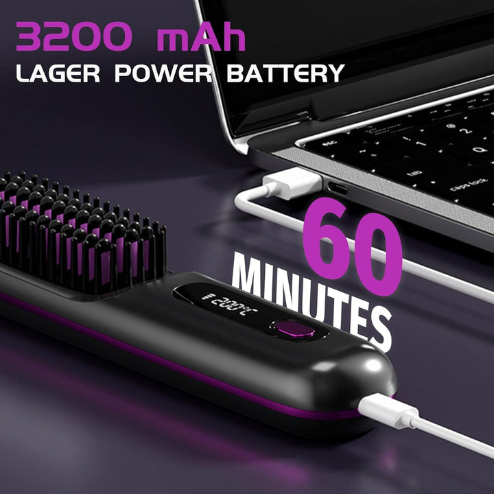 Glättbürste Kabellos, Tragbare Haarglätter Bürste mit 3 Temperatureinstellungen und LED-Display - Be