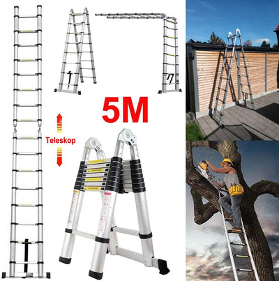 5M Teleskopleiter Alu Leiter Ausziehbare Klappleiter 2.5M + 2.5M Teleskop Leiter mit Stabilisator, H