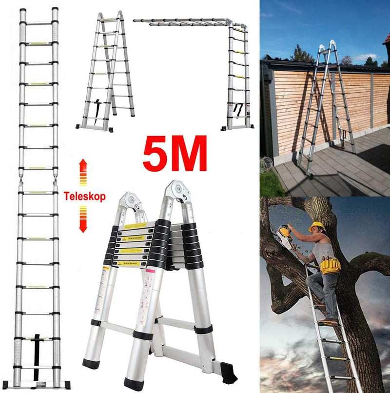 5M Teleskopleiter Alu Leiter Ausziehbare Klappleiter 2.5M + 2.5M Teleskop Leiter mit Stabilisator, H