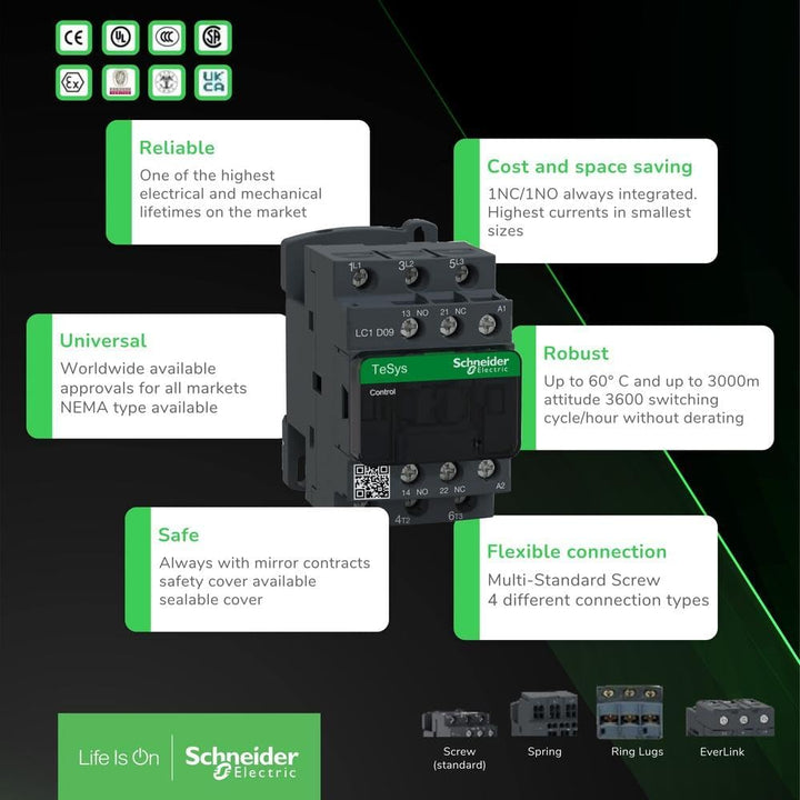 Schneider Electric - Leistungsschütz LC1D 3p, +1S+1Ö, 7.5 kW, 18 A, 400 V AC3, Spule 400 V AC, LC1D1