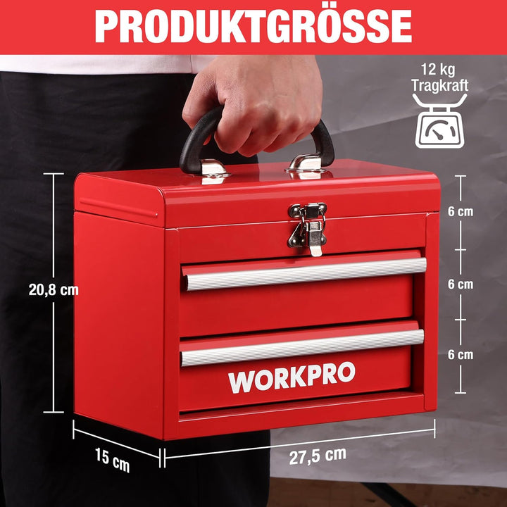 WORKPRO Metall Schubladenbox mit 2 Schubladen & Oberer Stauraum Rot, 27,5x15x20,8cm Tisch Organizer