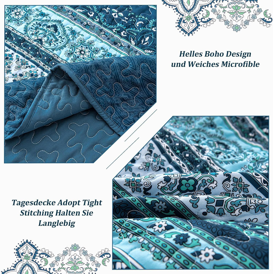 WONGS BEDDING Tagesdecke 200x220 Bettüberwurf Boho Decke Steppdecke 3 Teilig Doppelbett Gesteppt Bet