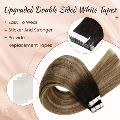 Hetto Extensions Echthaar Tape in Balayage Haarverlangerung Ombre Schwarz Braun Tape Extensions Echt