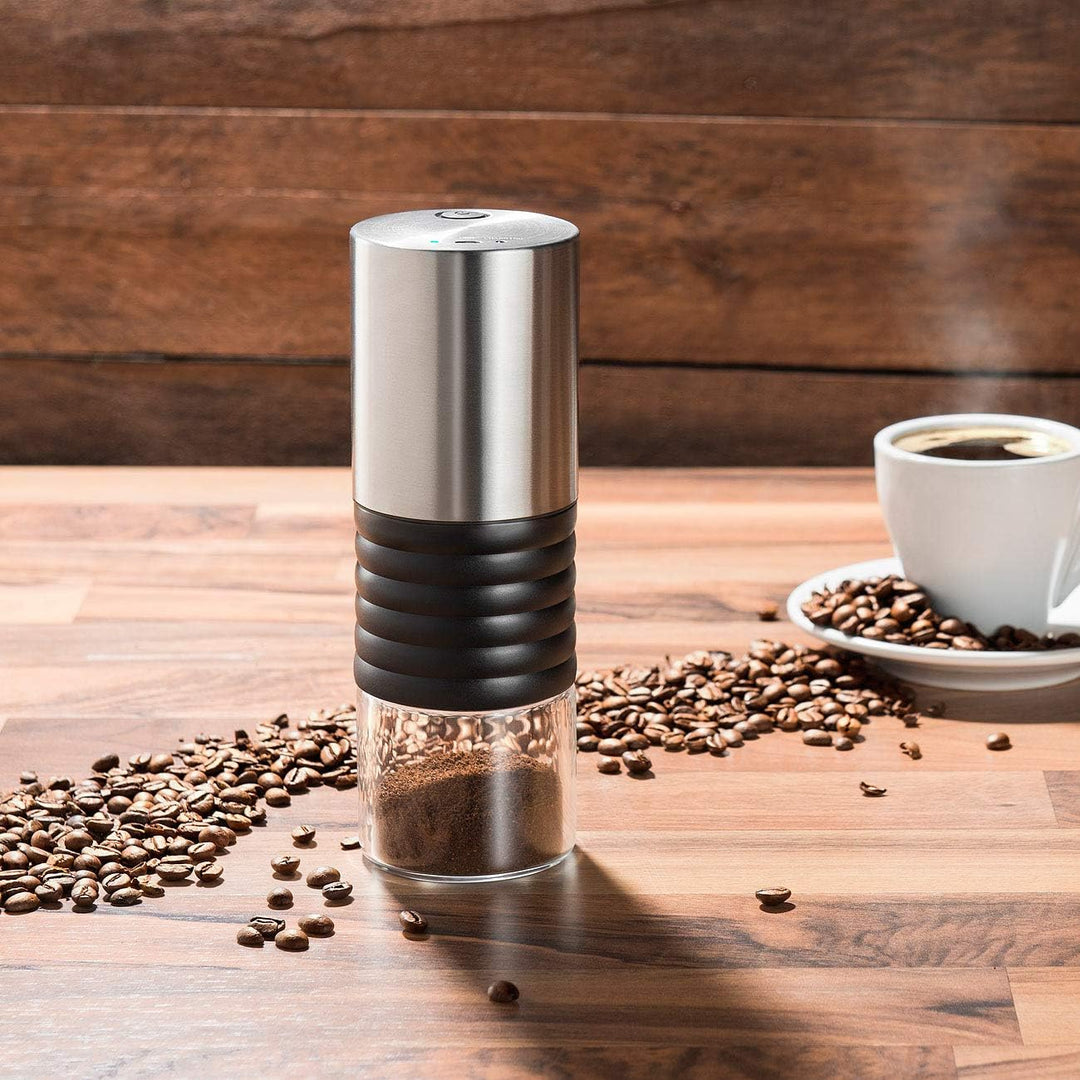 Rosenstein & Söhne Kaffeemühle 12V: Elektrische Akku-Kaffeemühle mit Keramik-Mahlwerk, USB Ladebuchs