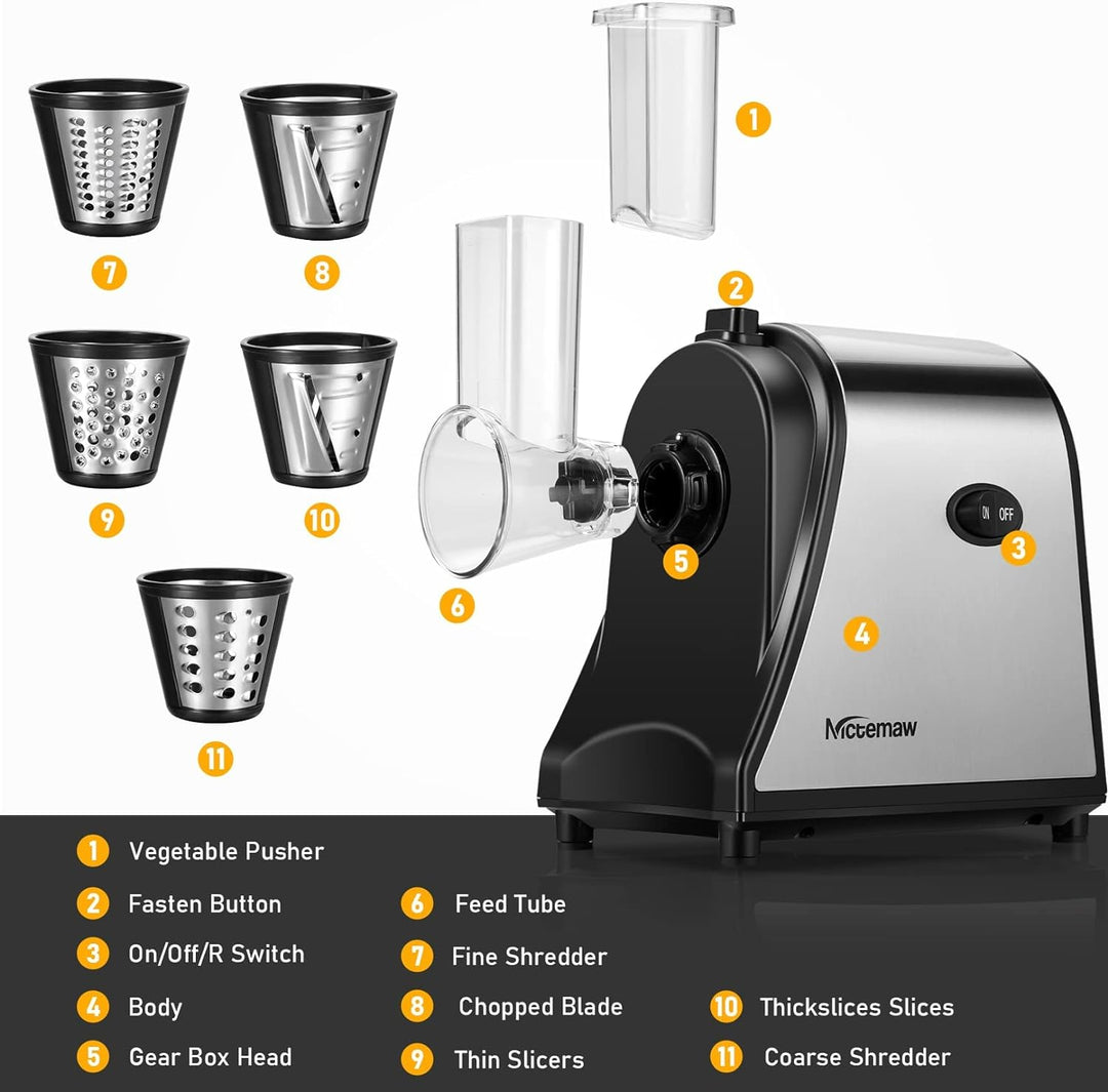 Meykey Elektrisch Gemüsehobel, Gemüseschneider, Elektrisches Schnitzelwerk, 250W, 5 Kegel-Klingen, S