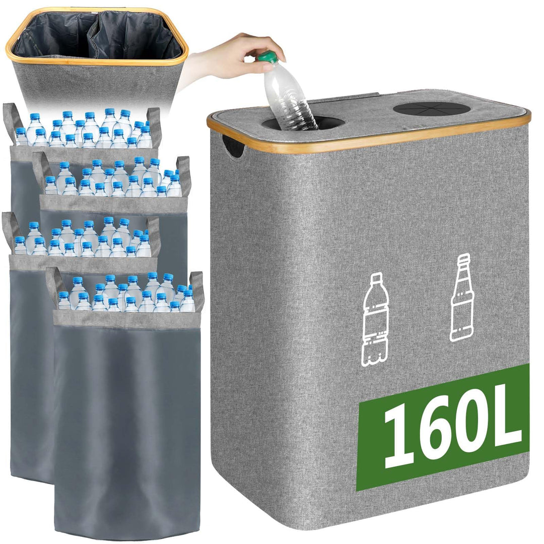 Pfandflaschen Sammelbehälter 2 Fächer, 160L Pfandflaschen Behälter mit 4 Tragetaschen, Grosse Aufbew