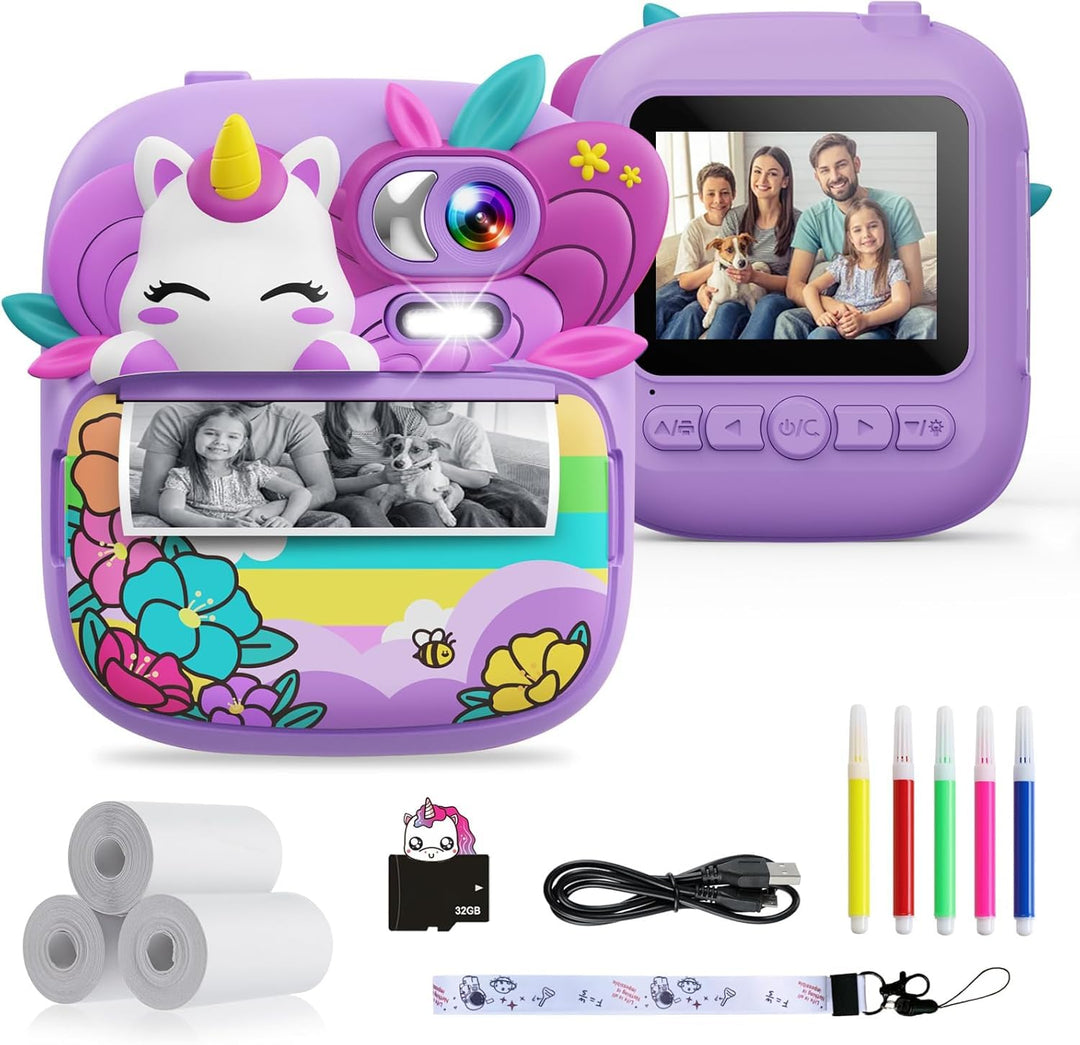 TIATUA Kinderkamera Sofortbildkamera, 1080P 2,4 Zoll Sofortbildkamera Kinder mit 32G Karte und 3 Rol