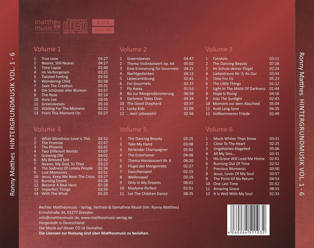 Hintergrundmusik: Vol. 1-6 Gemafreie Musik zur Beschallung von Hotels und Restaurants (inkl. Klavier