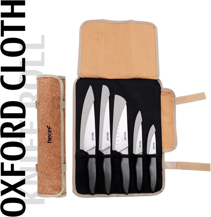 hecef Messerset mit 5 Slots Rolltasche und Messerscheide, Weinlese Stonewashed Edelstahl Messer Set
