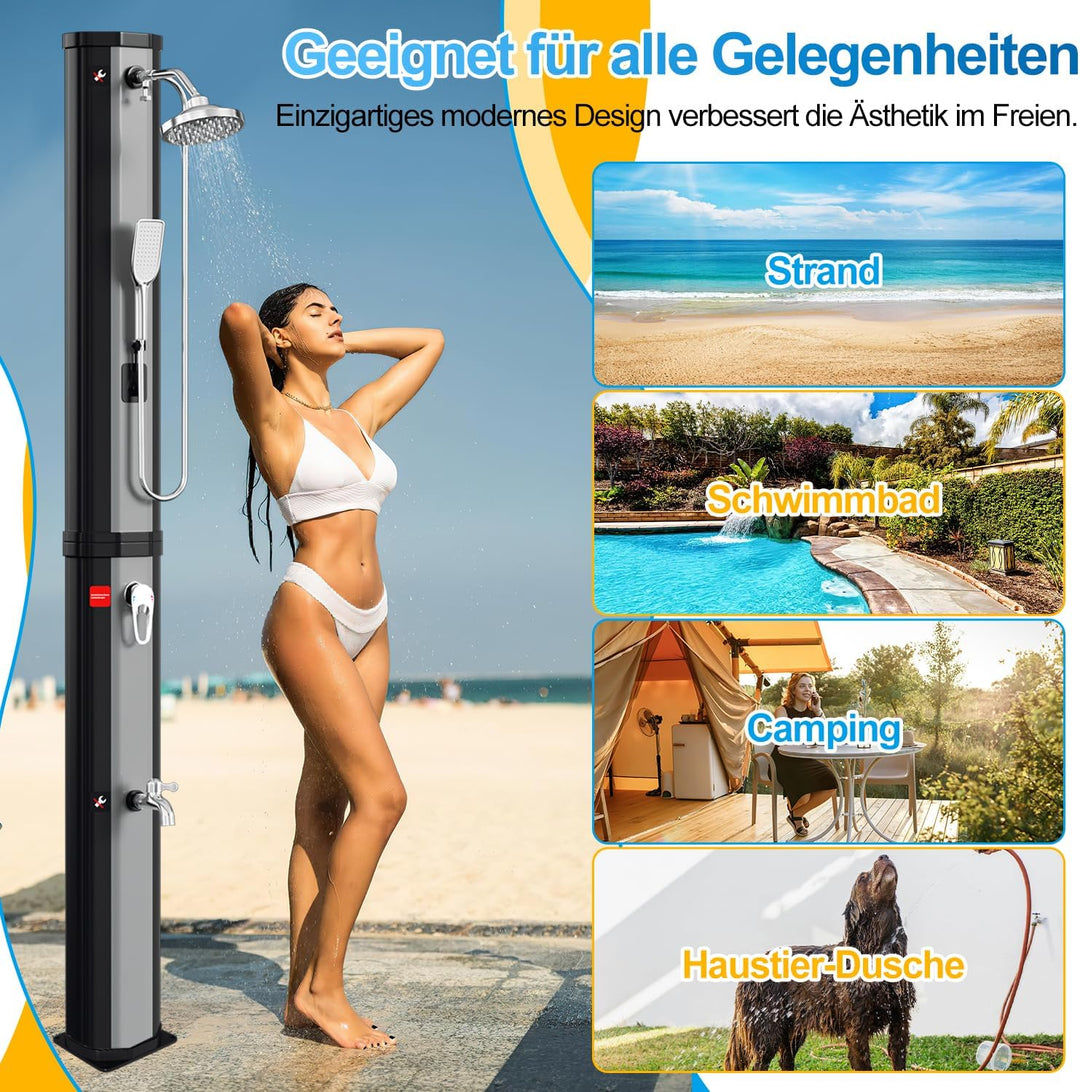 Solardusche mit Handbrause 60 Liter inkl. Schutzhaube und 360° Duschkopf, Einstellbare Temperatur bi