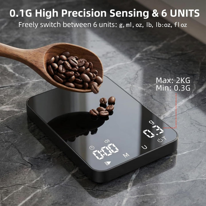 Diyife Rechteckige Kaffeewaage mit Timer, 2kg/0,1g Hochpräzise Digitale Waage - 6 Einheiten, 2 Timer