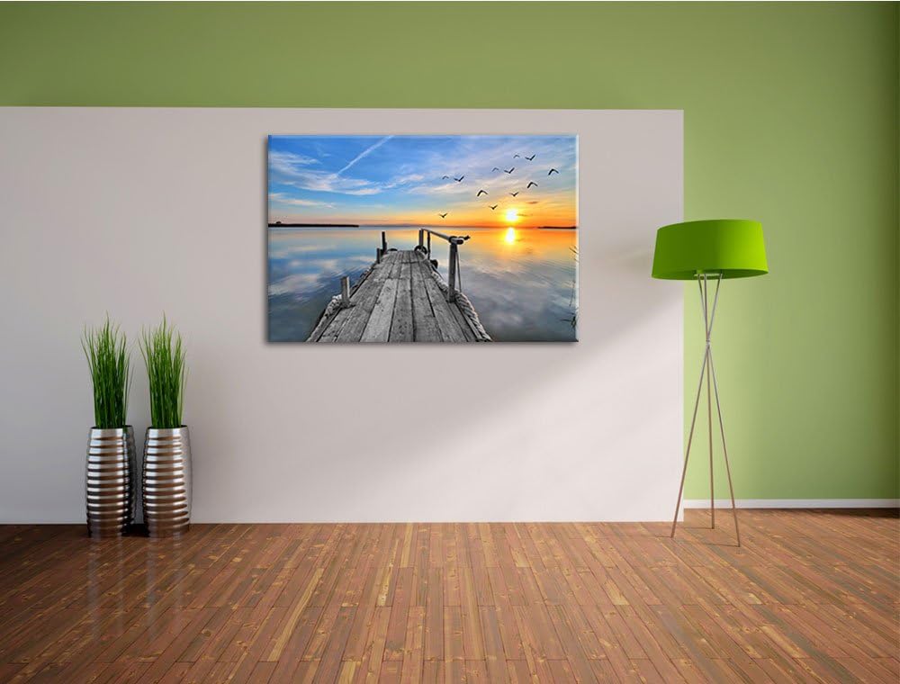 schäner Steg mit Möwen schwarz/weiss Format: 100x70 auf Leinwand, XXL riesige Bilder fertig gerahmt
