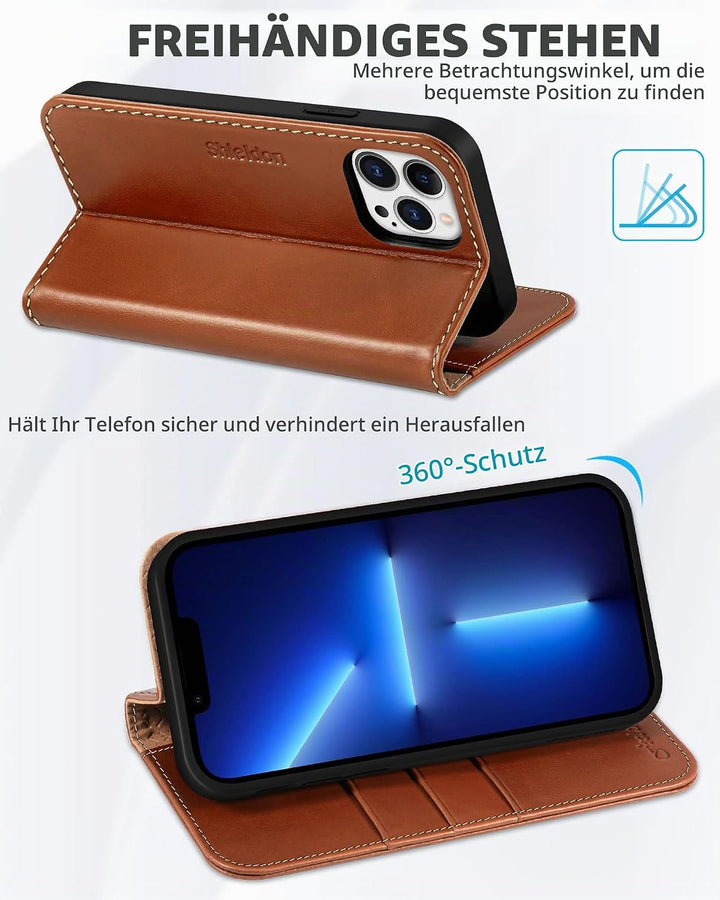 SHIELDON Hülle für iPhone 13 Pro Max Handyhülle TPU [Echtleder] [Kartenfach] [Magnet] [Standfunktion