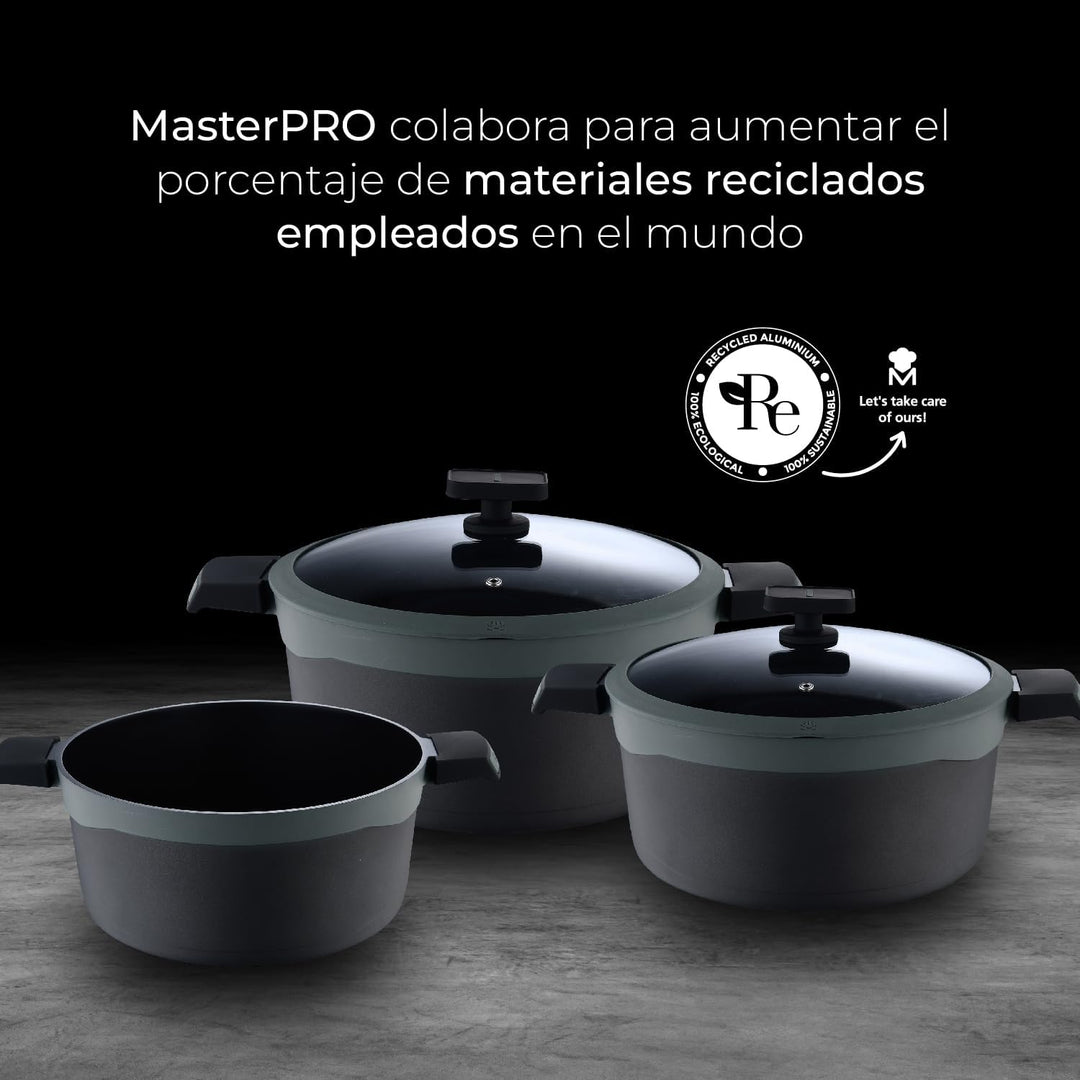MasterPRO Gastro Reeco | 24 cm und 12 cm Höhe Stieltopf mit Deckel | Heatdot | Recycelter Aluminiumg