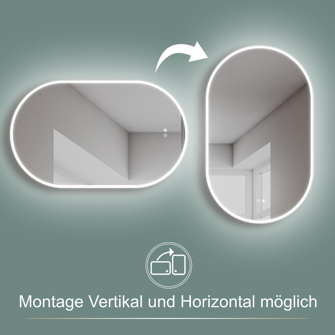 HOKO Antibeschlag LED ovaler Spiegel 45x75 cm / 75x45 cm Tokio mit Metall Rahmen Weiss, HOCH+QUER Mo