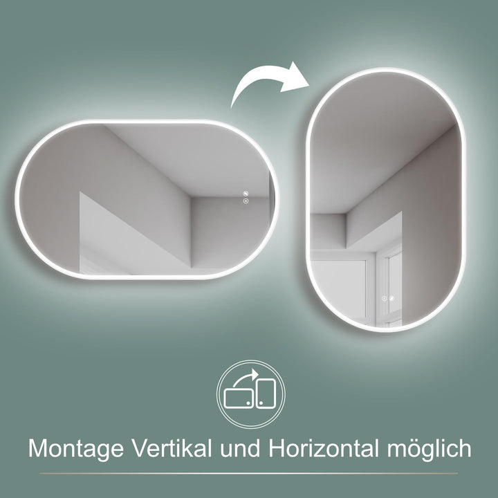 HOKO Antibeschlag LED ovaler Spiegel 45x75 cm / 75x45 cm Tokio mit Metall Rahmen Weiss, HOCH+QUER Mo