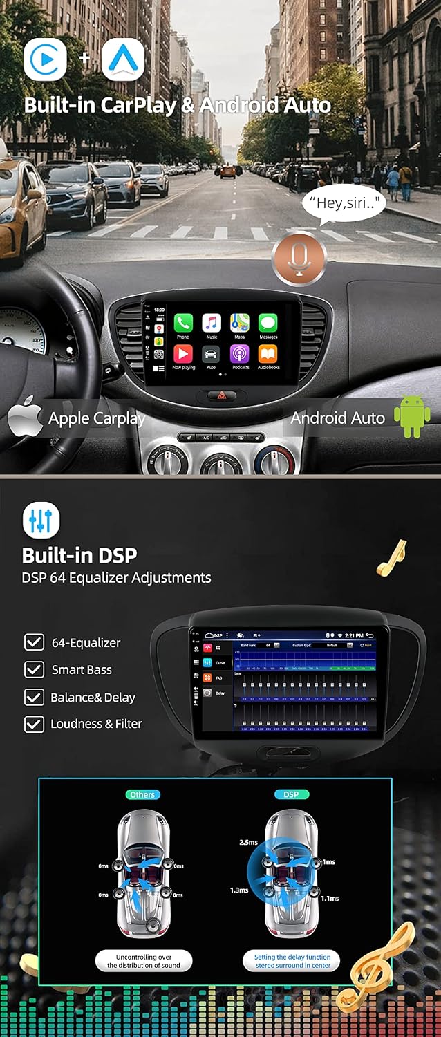 JOYX Android 12 IPS Autoradio Passt für Hyundai I10 (2007-2013) - 4G+64G - Eingebaut DSP/Carplay/And