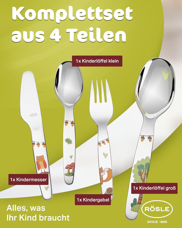 RÖSLE Kinderbesteck "Waldfreunde", 4-teilig, ab 3 Jahren, Edelstahl 18/10, Spülmaschinengeeignet, Wa