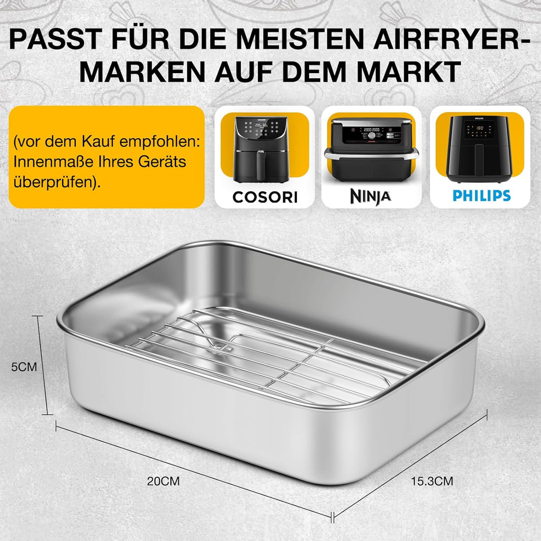 Edelstahl Auflaufform für Airfyer – mit Abtropfgitter, Dichtdeckel & Hitze-Schutzgriffen, Heissluftf