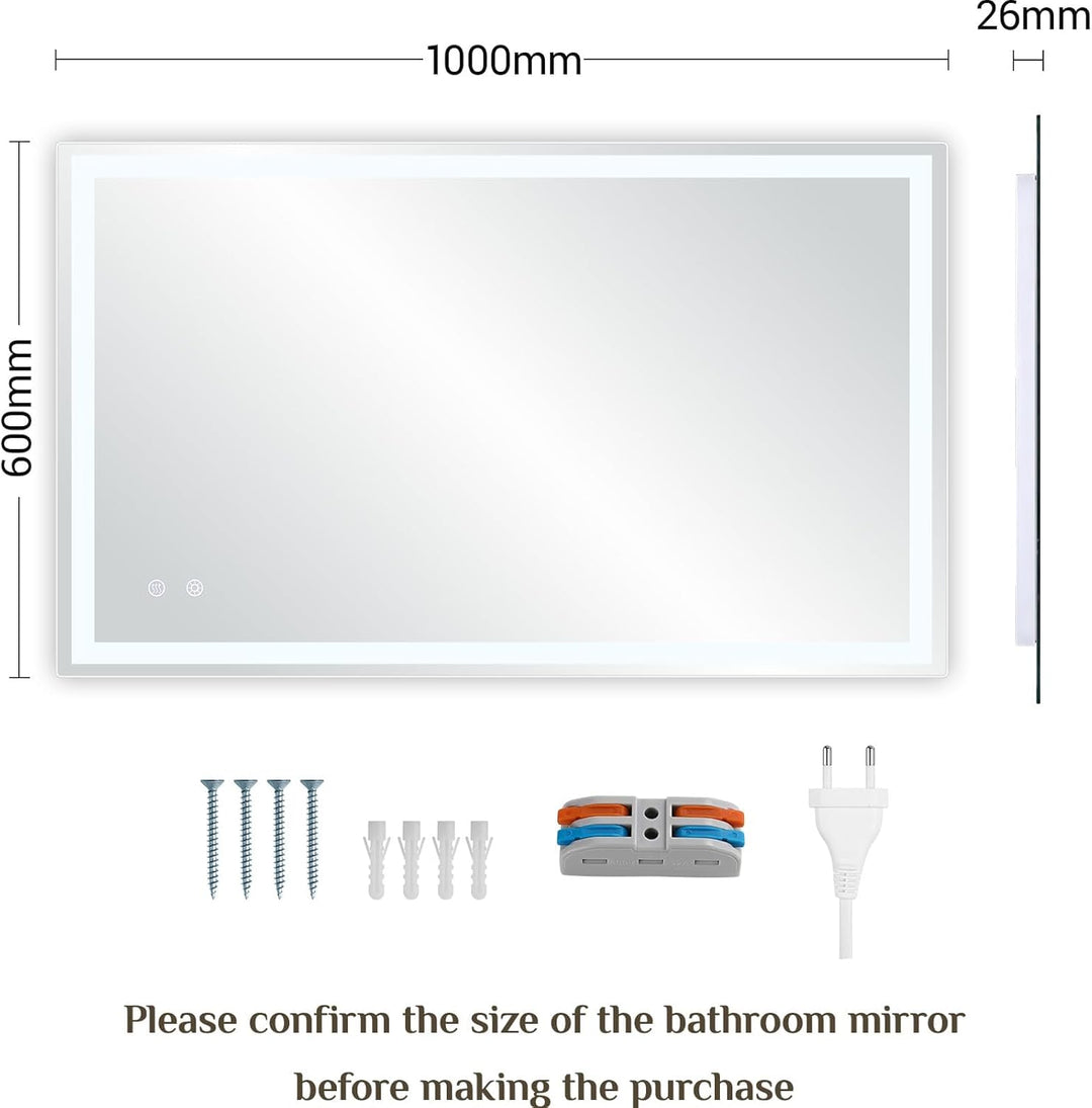 Clevich Badspiegel mit Beleuchtung 100 x 60 cm, LED Spiegel mit 3 Lichtfarben und dimmbar, Touch-Sch