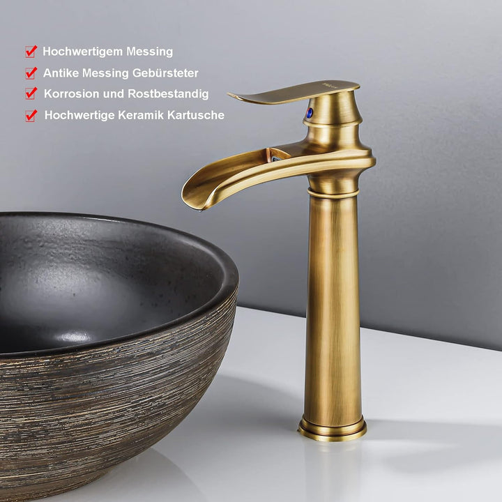 YAGJIA Wasserhahn Bad Hoch Antik, Waschtischarmatur Wasserfall Retro, Waschbecken Armaturen Messing,
