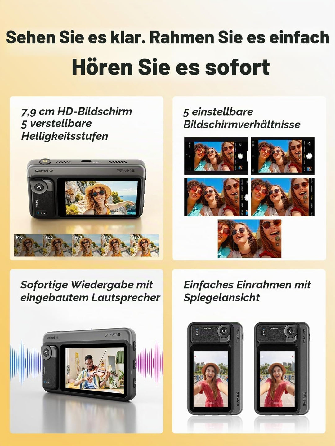 7RYMS Qshot V2 Selfie-Monitor-Bildschirm für iPhone &amp; Android,4K 60fps magnetischer Rückkamera-Monit