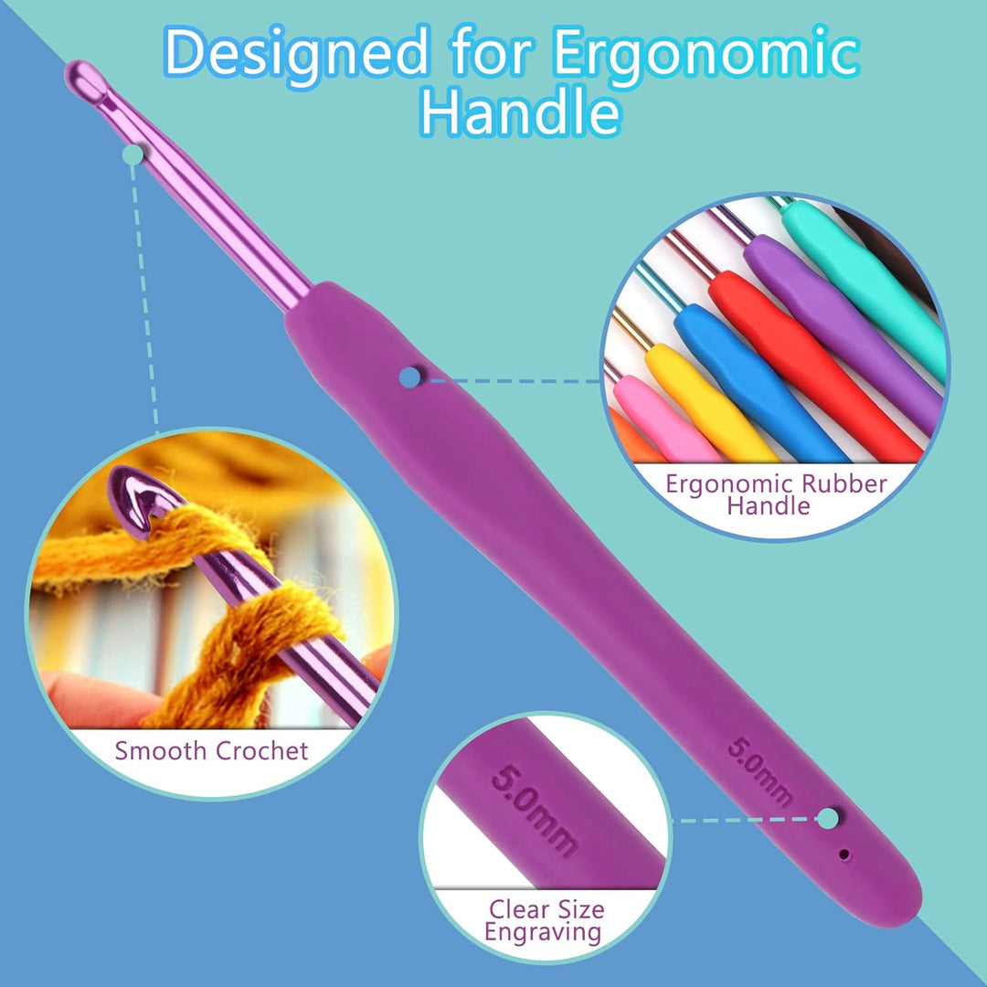 Coopay Häkelset für Anfänger Erwachsene, 58 Stück Häkelnadel Set Inklusive TPR Griff Häkelnadeln, Sp