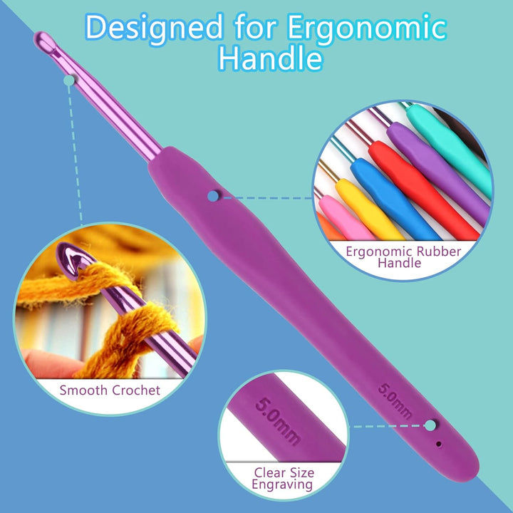 Coopay Häkelset für Anfänger Erwachsene, 58 Stück Häkelnadel Set Inklusive TPR Griff Häkelnadeln, Sp