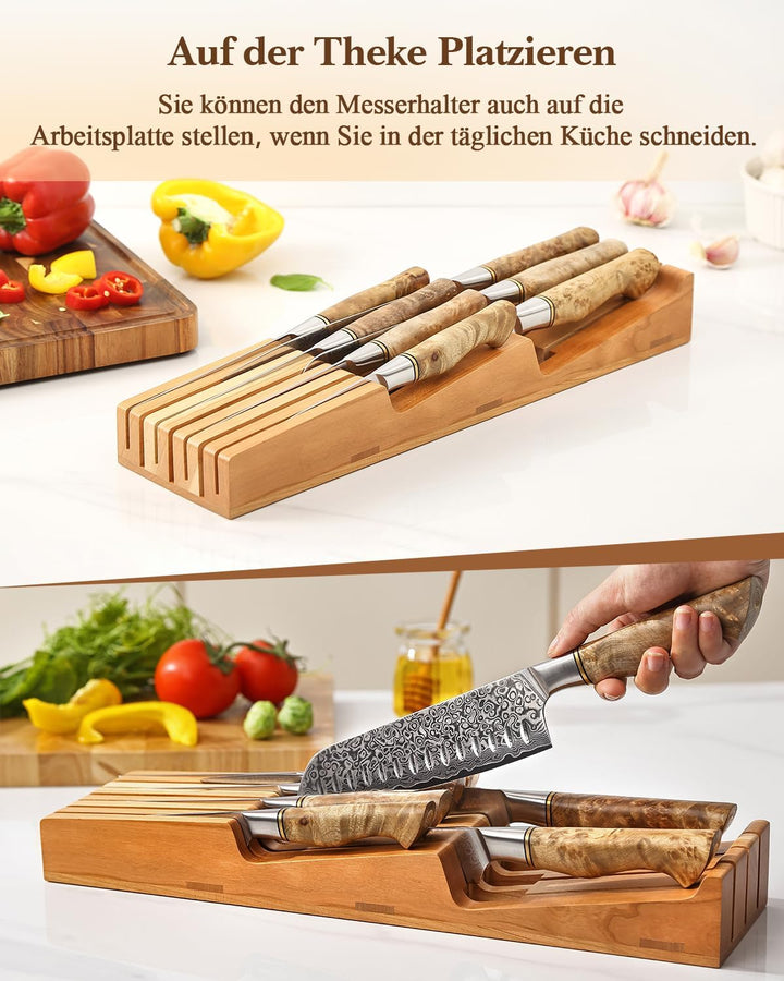 HEZHEN Messerhalter Schublade aus Kirschholz, In-Schublade Messerblock Holz Messerorganizer für die