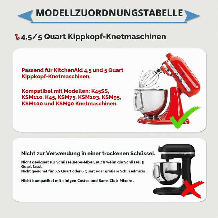 Edelstahl-Schneebesen für KitchenAid 4,5 und 5 Quart Mittelgrosse Küchenmaschinen mit kippbarem Moto