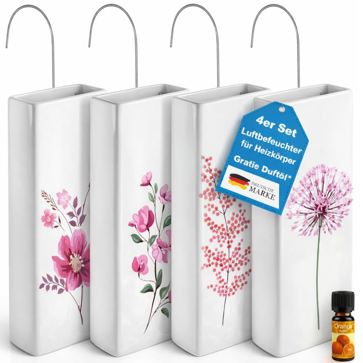 4er Set Luftbefeuchter Heizung Keramik 380ml Heizkörper Verdunster weiss mit Haken Blumenmotive Raum