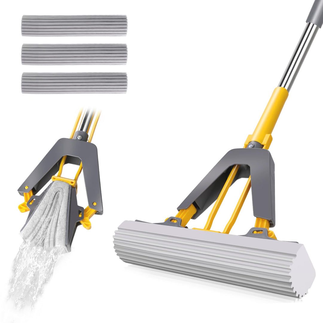 Masthome Schwamm Wischmopp,Schwammwischer mit 128cm Stiel Saugfähig Schwamm Bodenwischer mit 3 Schwa