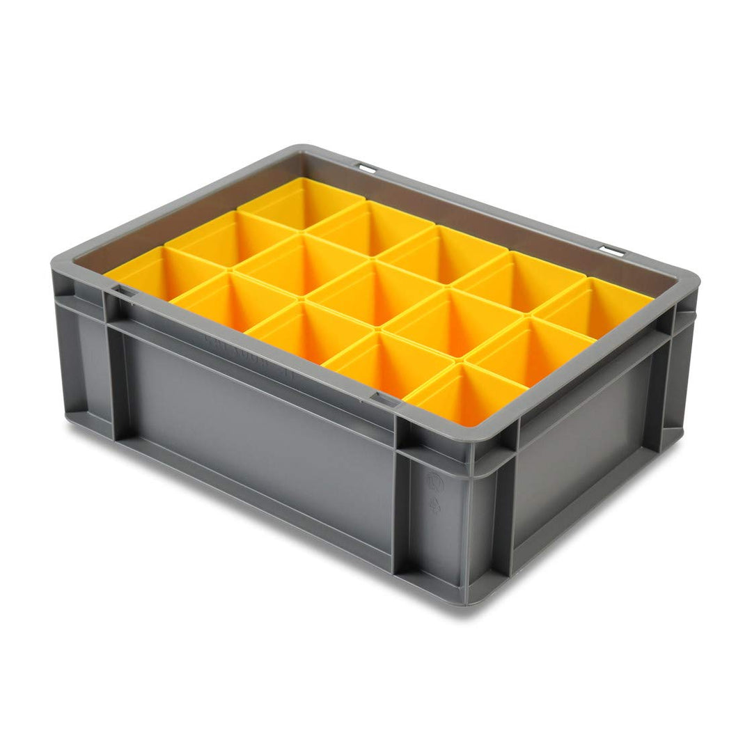 1a-TopStore Transport-Stapelkasten/Eurobehälter mit 15 gelben Einsätzen, 400x300x145 mm (LxBxH)